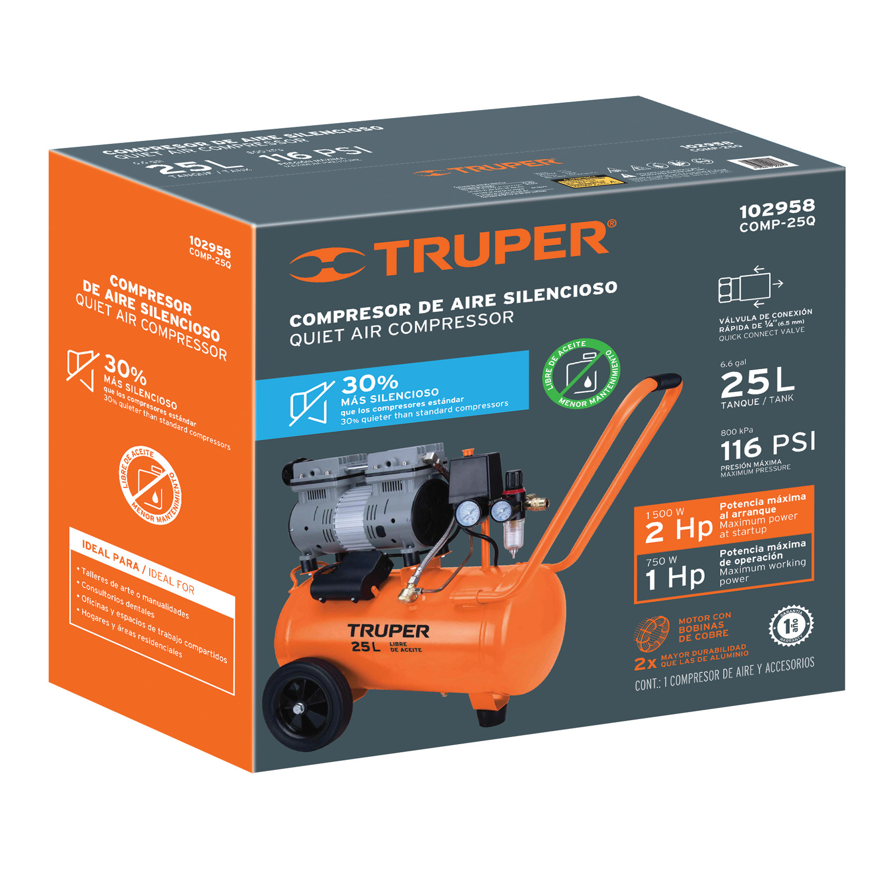 compresor de aire, silencioso libre de aceite, 25 l, 2 hp compresor de aire, silencioso libre de aceite, 25 l, 2 hp