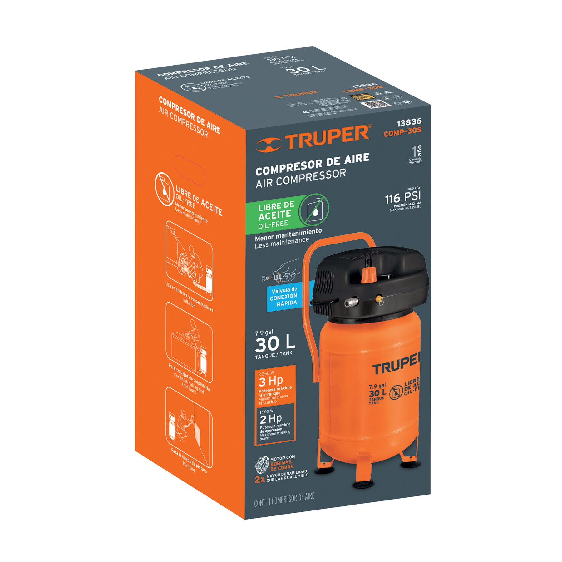 compresor libre de aceite, 30l, 3hp, vertical, 127v (13836) compresor libre de aceite, 30l, 3hp, vertical, 127v (13836)