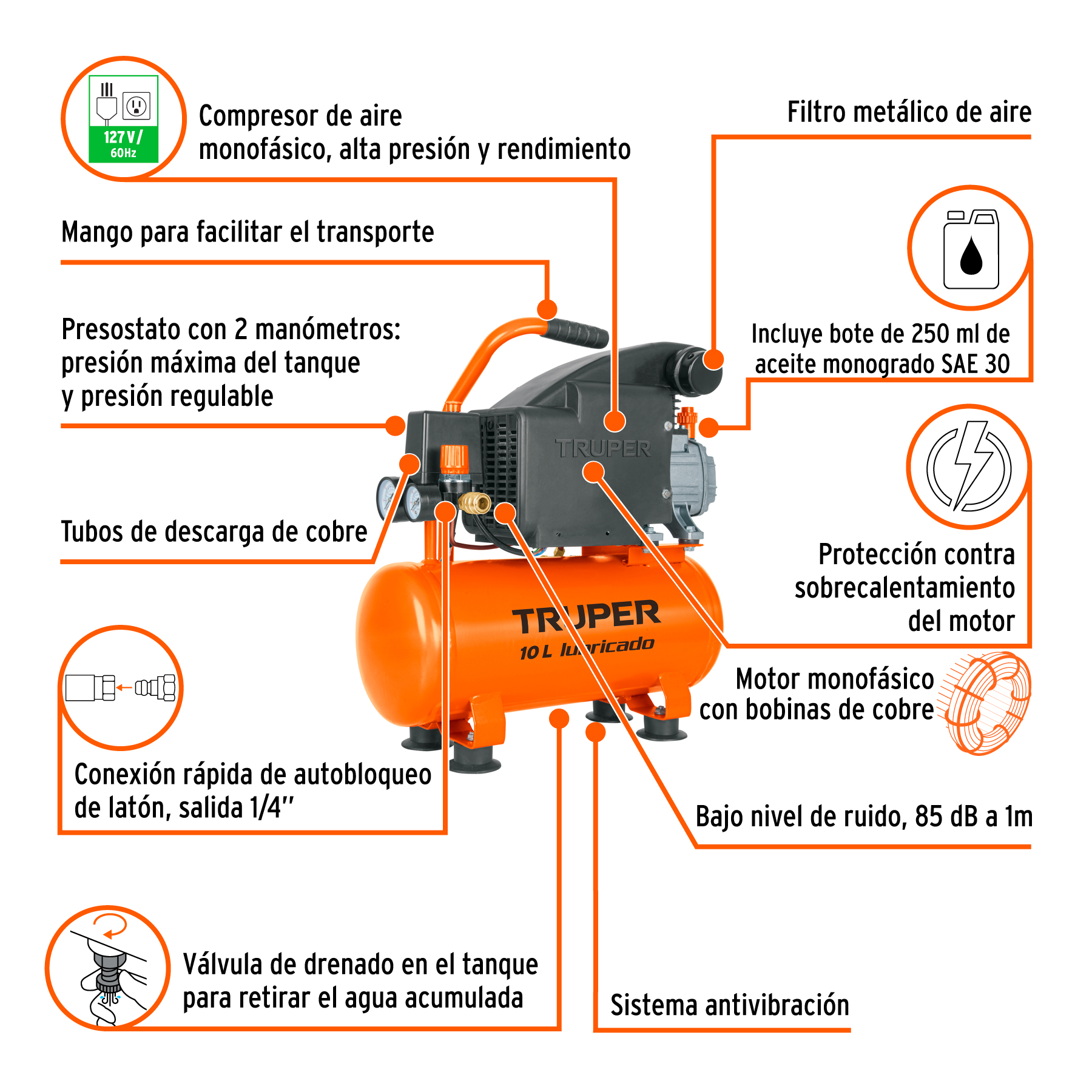 compresor lubricado, 10l, 2 hp, horizontal, 127v (103030) compresor lubricado, 10l, 2 hp, horizontal, 127v (103030)