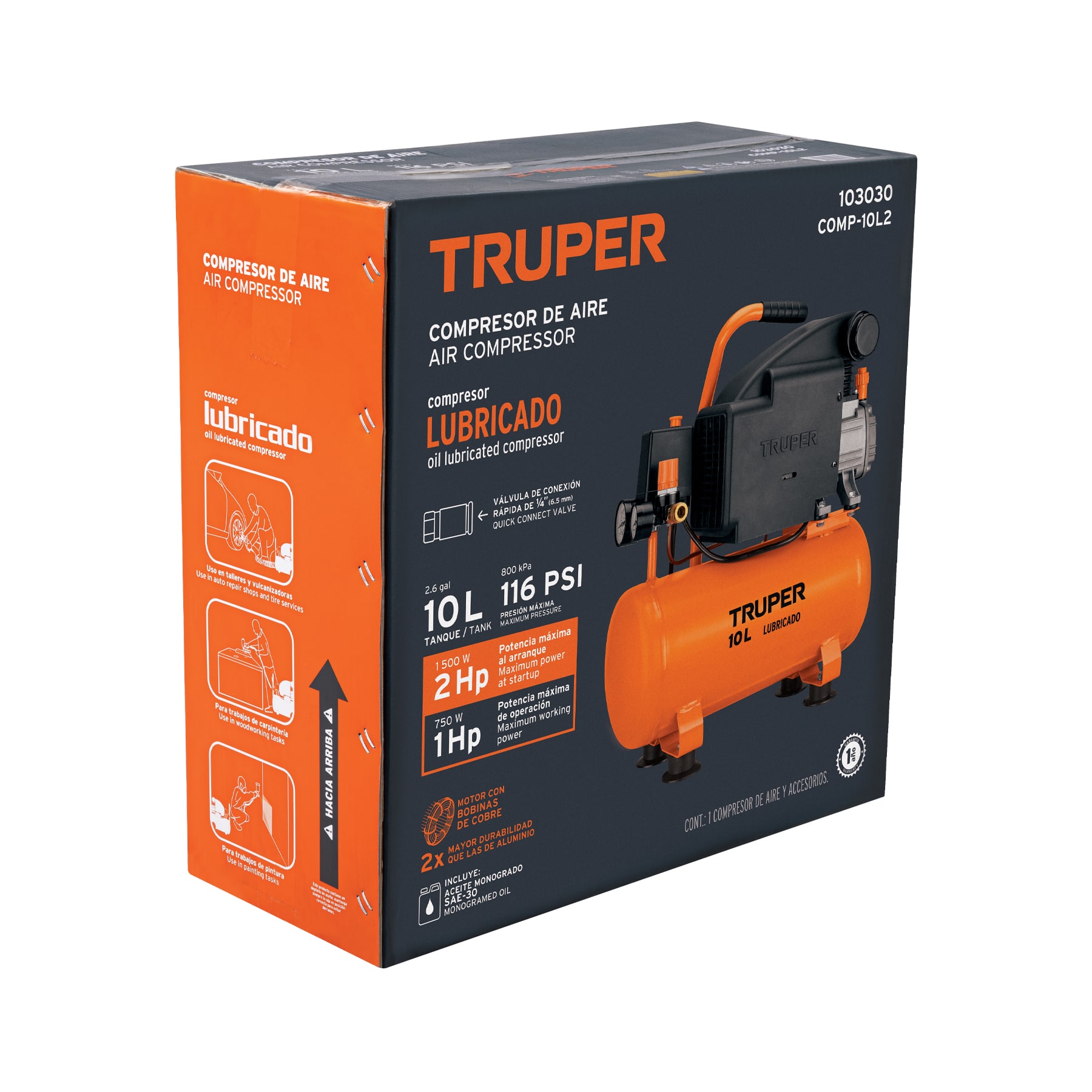 compresor lubricado, 10l, 2 hp, horizontal, 127v (103030) compresor lubricado, 10l, 2 hp, horizontal, 127v (103030)
