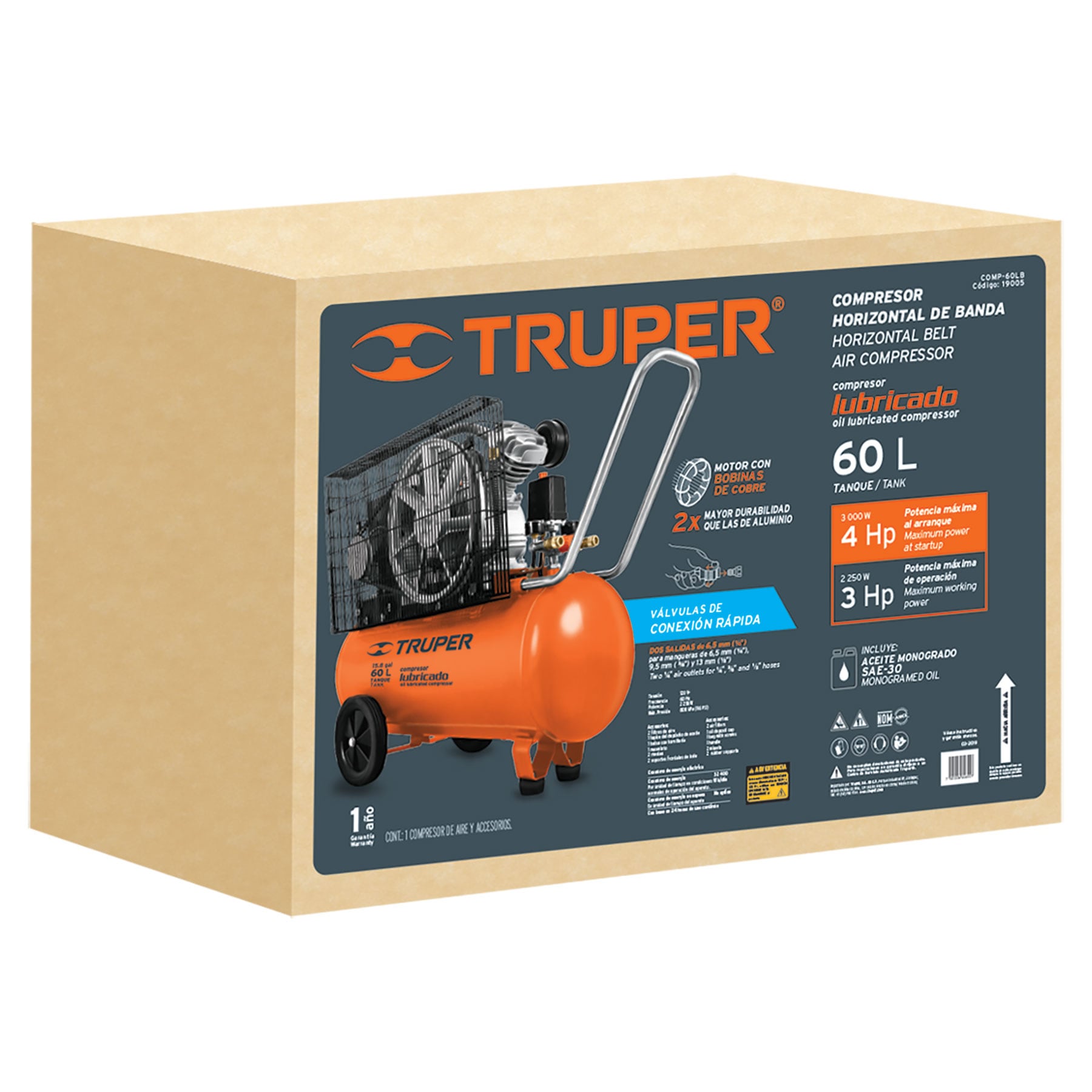 compresor lubricado, de banda, 60l, hor, 4hp, 127v (19005) compresor lubricado, de banda, 60l, hor, 4hp, 127v (19005)