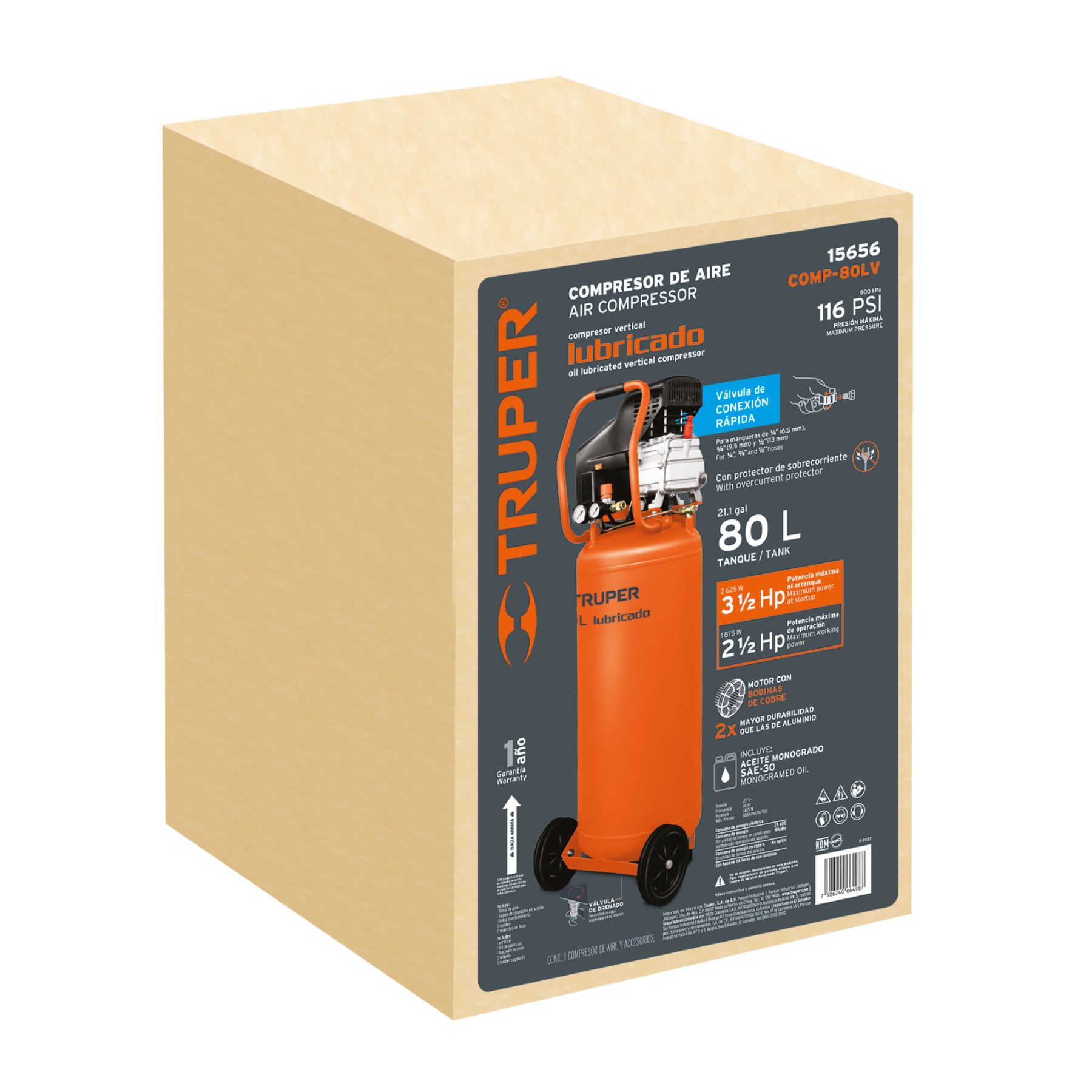 compresor lubricado, 80l, 3 1/2hp, vertical, 127v (15656) compresor lubricado, 80l, 3 1/2hp, vertical, 127v (15656)