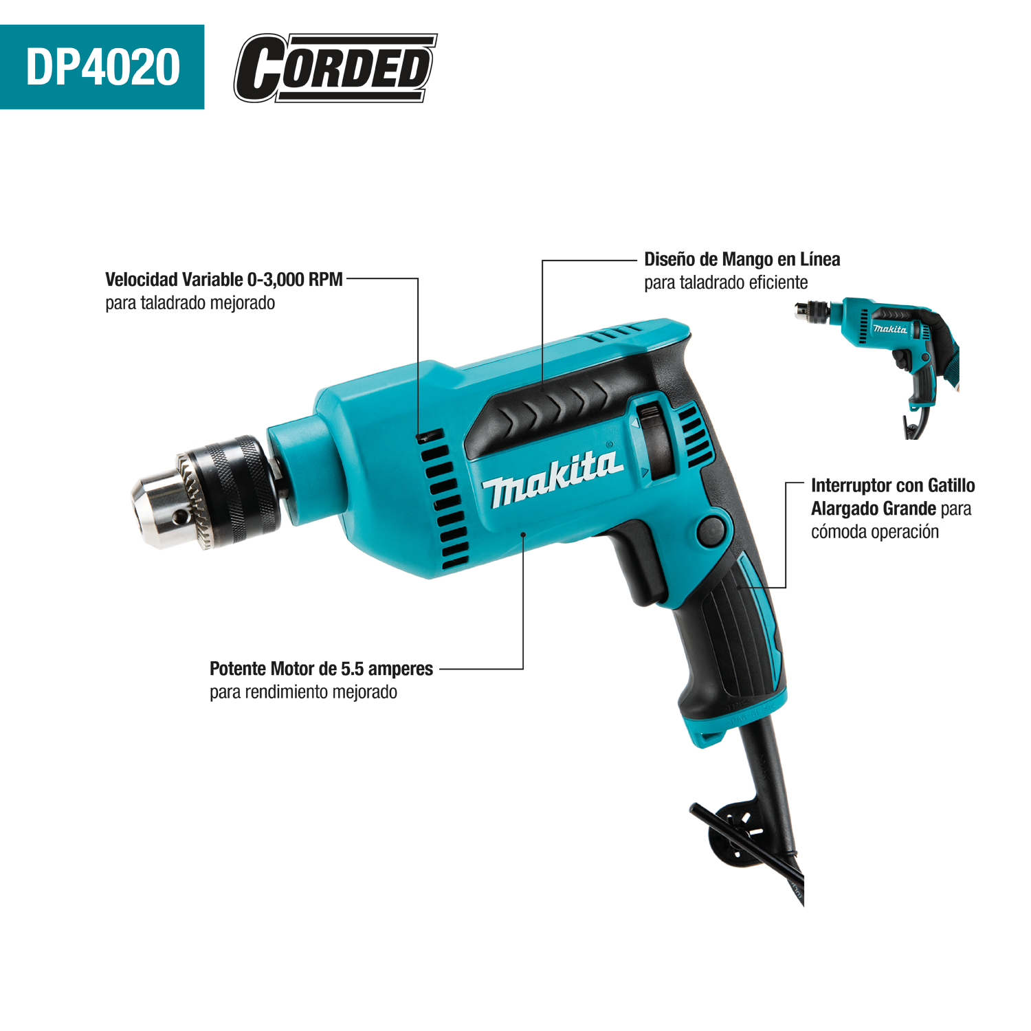 taladro electrico de 1/2", 600w 3,000 rpm makita (dp4020) taladro electrico de 1/2", 600w 3,000 rpm makita (dp4020)