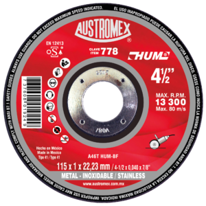 disco abrasivo de 115 x 1 x 22.23 mm para corte de acero al carbón, acero inoxidable y metales austromex (778au)