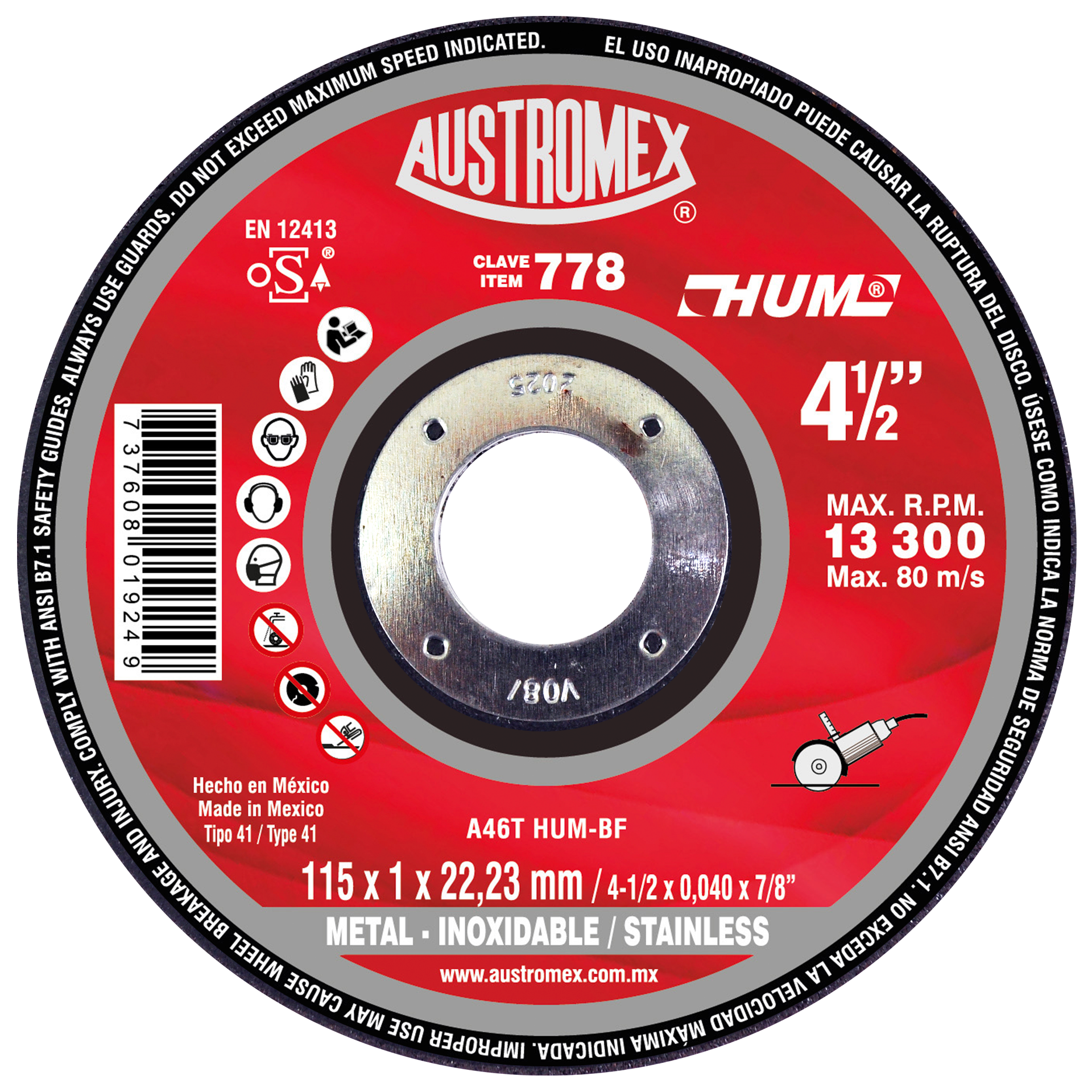 disco abrasivo de 115 x 1 x 22.23 mm para corte de acero al carbón, acero inoxidable y metales austromex (778au) disco abrasivo de 115 x 1 x 22.23 mm para corte de acero al carbón, acero inoxidable y metales austromex (778au)